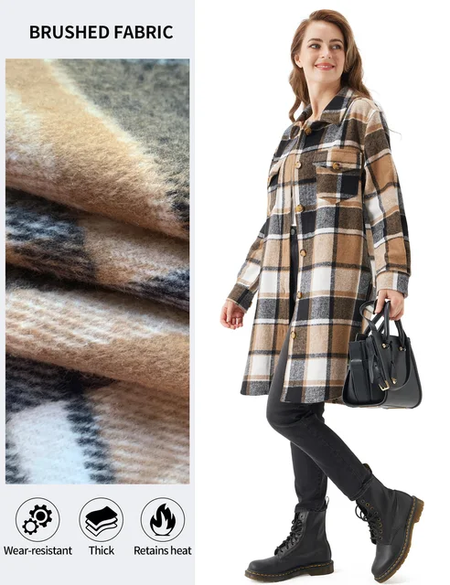 URBEST Women's Oversized Plaid Shacket - Cozy Long Sleeve Button Down Jacket with Pockets, Knee Length/Plus Size/Cropped 5