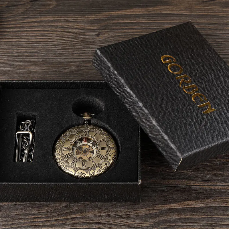 Bronze Mechanical Pocket Watch for Men Double Case Open Side Skeleton Hollow Dial Luxury Roman Clock Male Women with FOB Chain