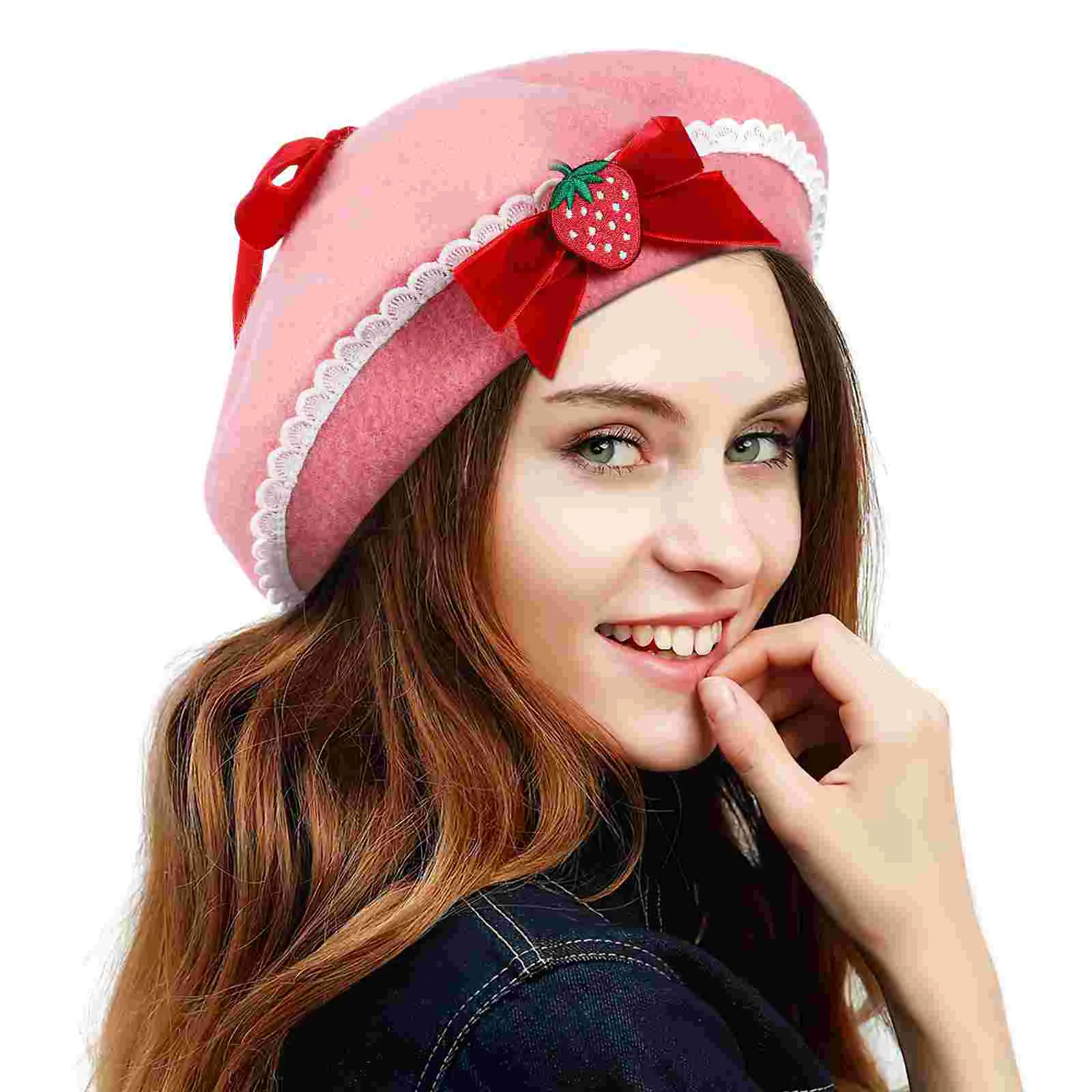 

Beret Hat for Women Bow Strawberry Decorative Beanie Cap Fall Wool Beret French Artist Beret Beanie Hat