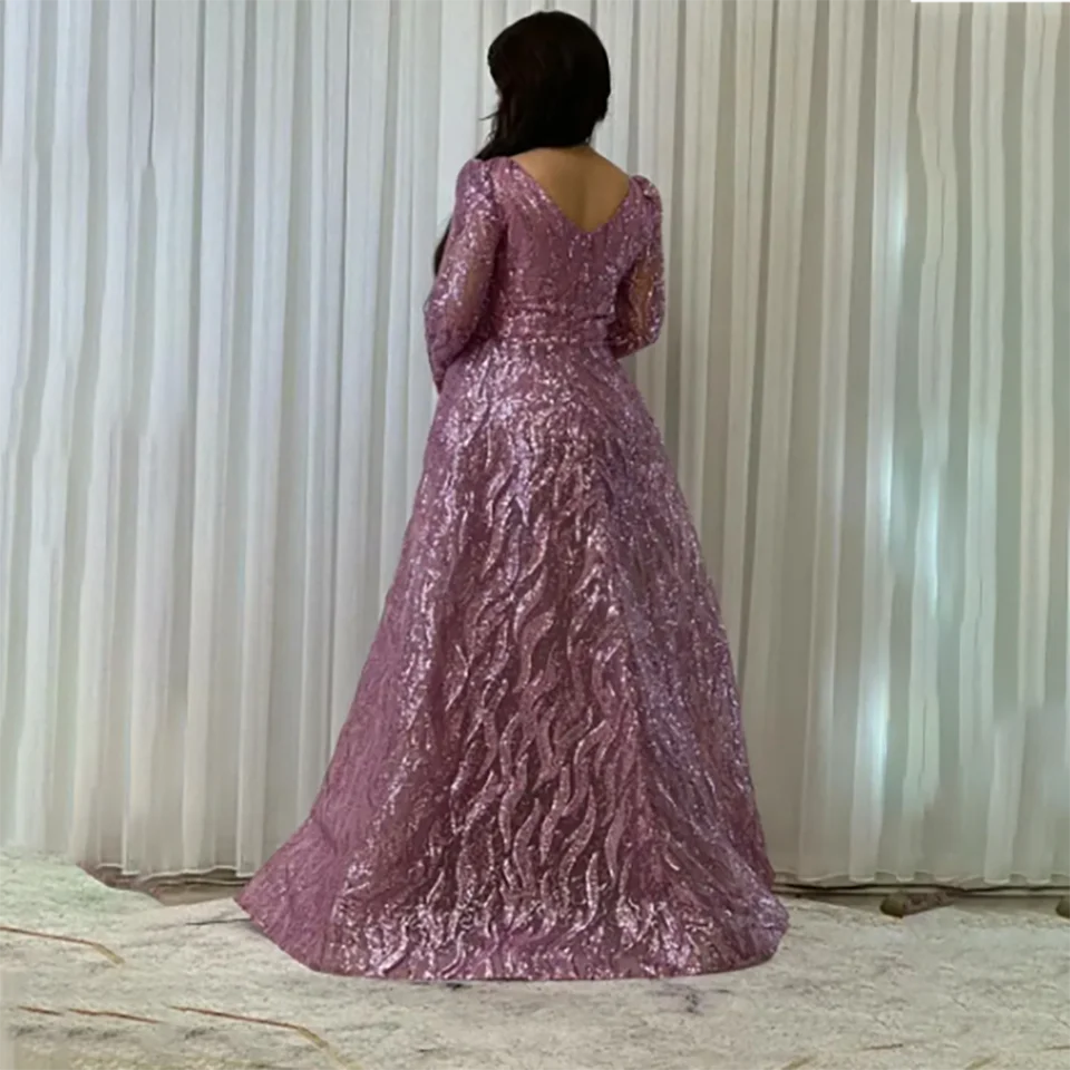 Maßgeschneidertes Luxus-Paillettenkleid mit V-Ausschnitt Meerjungfrau-Abendkleid 2026 Langarm Abnehmbarer Schlepp Tüll-Brautkleid – Detail 5