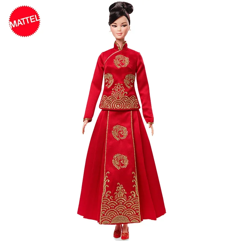 Original Mattel Barbie Signature Doll Lunar New Year Red Cheongsam Golden Hairpin Edition Toys For Girl Collection Regalo Di Compleanno