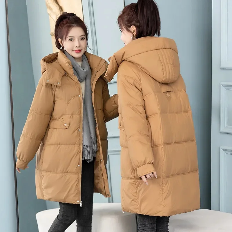 

2023 New Winter Clothes Women Long Cotton Jacket Zipper Loose Apron Coat Black Thick Thermal Apron Parka Windproof Outerwear