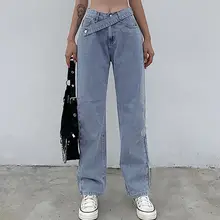 

Fashion Irregular Belt Jeans Ladies High Waist Button Wide Leg Women's Pants Loose Casual Straight Trousers Female Clothes 2022