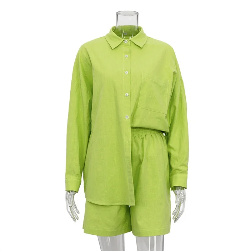 2024Summer New Solid Color Single-Breasted Long Sleeve Lapel Shirt Shorts Loose Fashion Casual SuitWlj
