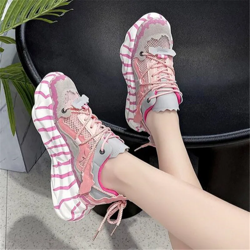 Women Fashion Mesh Sneakers 2023 Summer Platform Chunky Casual Brand Designer Dad Shoes Woman Lace-up Vulcanized Shoes Pink