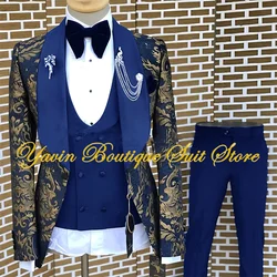 Navy Full Men's Suit Hot Stamping Design Wedding Groom Tuxedo High Quality Formal Blazer Elegant Men's Suit