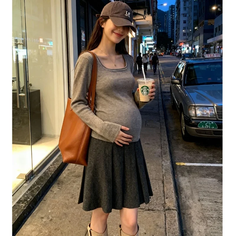 임산부 패션 긴팔 슬림핏 베이스 셔츠 가을 겨울 새로운 스타일 스퀘어 칼라 아우터 디자인 스커트