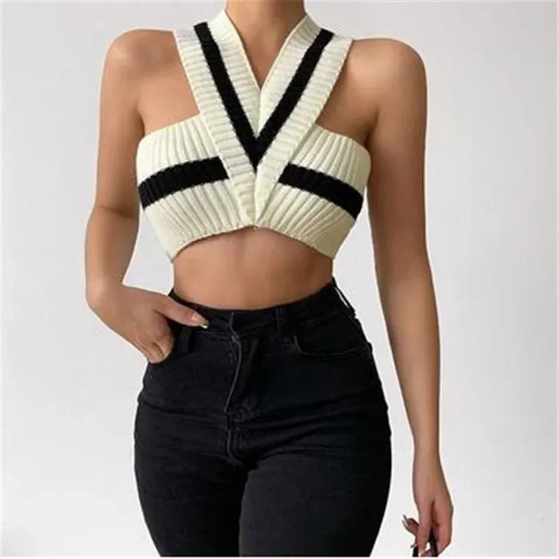 

Summer New Women Sexy Casual Colorblock Crisscross Backless Halter Knit Crop Tops Femme Slim Stretch Sleeveless Y2k Tank Tee