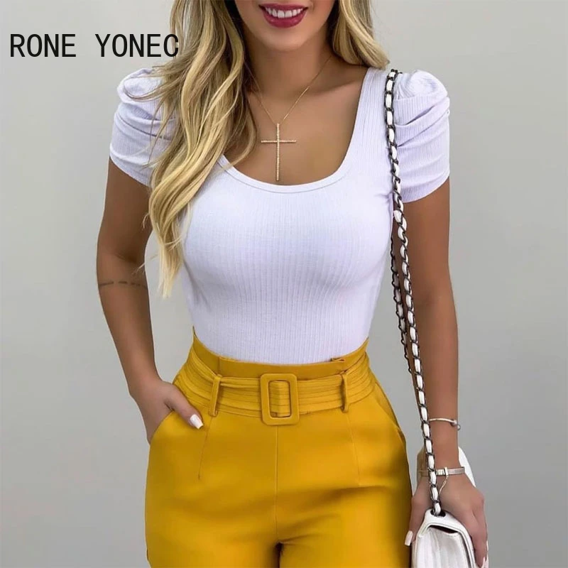 Blusa blanca de punto para Top Sexy básico con cortas, color liso, | - AliExpress