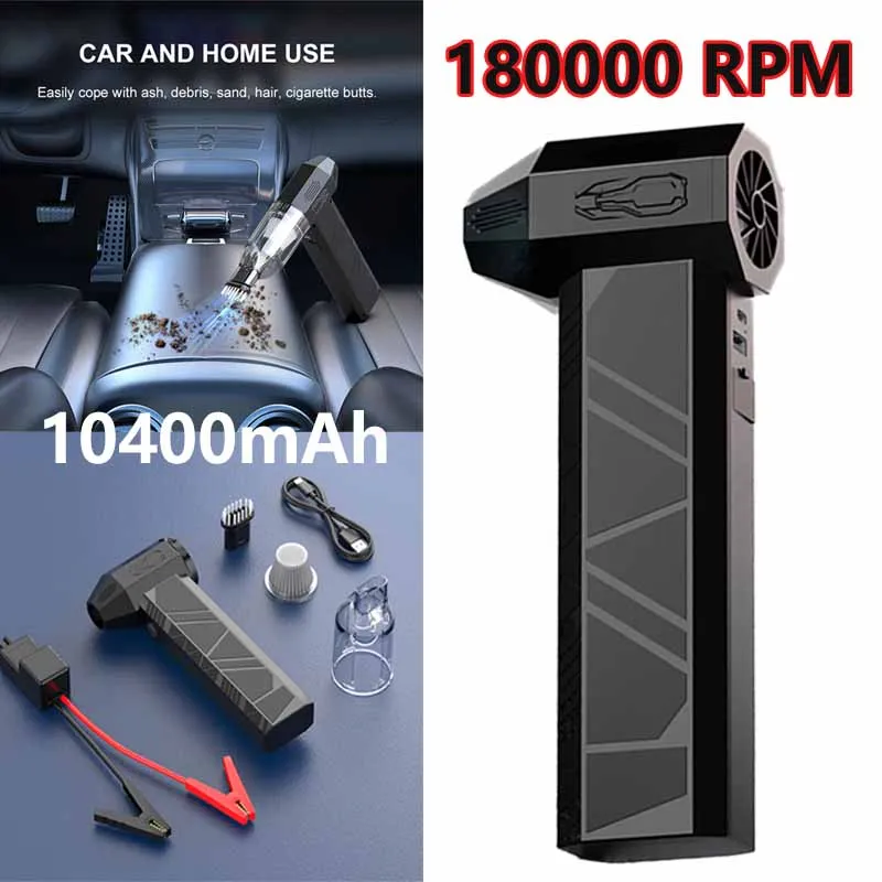 3 in1 Turbo jet fan 10400mAh 180000RPM Powerful Air Blower Vacuum Dust Cleaner Type-C Charging Strong Winds for Car Dryer Clean