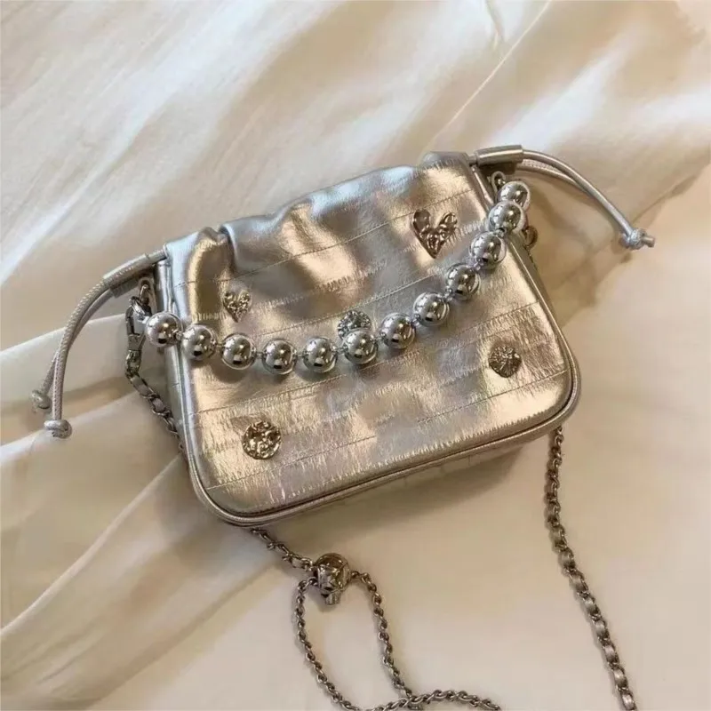 Harajuku Style Silver Diamond Studded Handbag Women Beaded Handle Gather Drawstring Chain Shoulder Bags Ladies Y2k Crossbody Bag