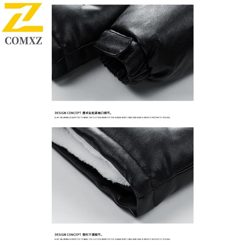 COMXZ 2025 New Men Thickened PU Cotton Jacket Trendy Casual Winter Coat Versatile Solid Color Outerwear for Office Daily Outings