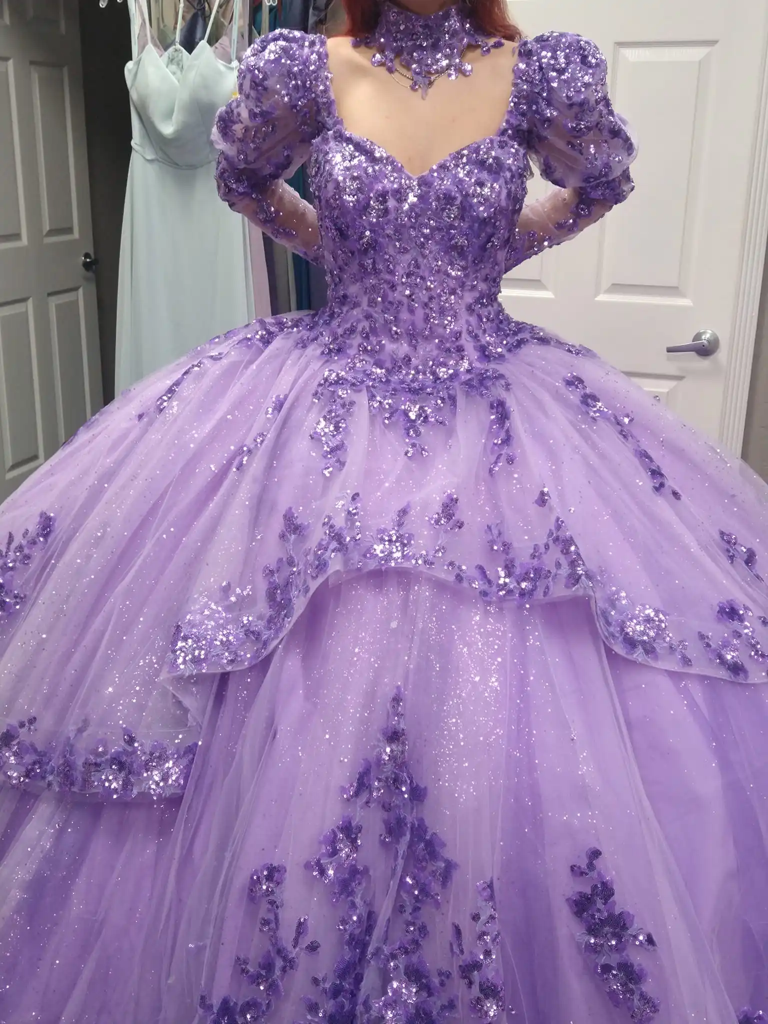 

Sparkle Quinceanera Dress Detachable Long Sleeves Choker Mexican Glitter Quince Sweet 15/16 Birthday Party Gown for 15th Girl