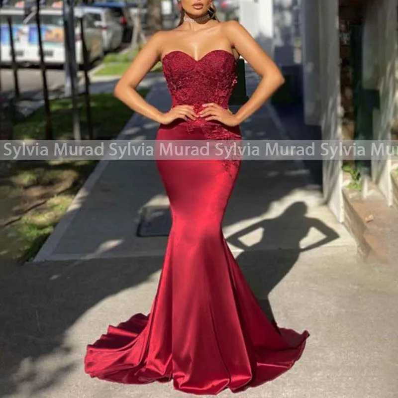 

Appliques Trumpet Evening Dress For Women Long Mermaid Strapless Sweetheart Sleeveless Dark Red Brithday Party Dresses Formal