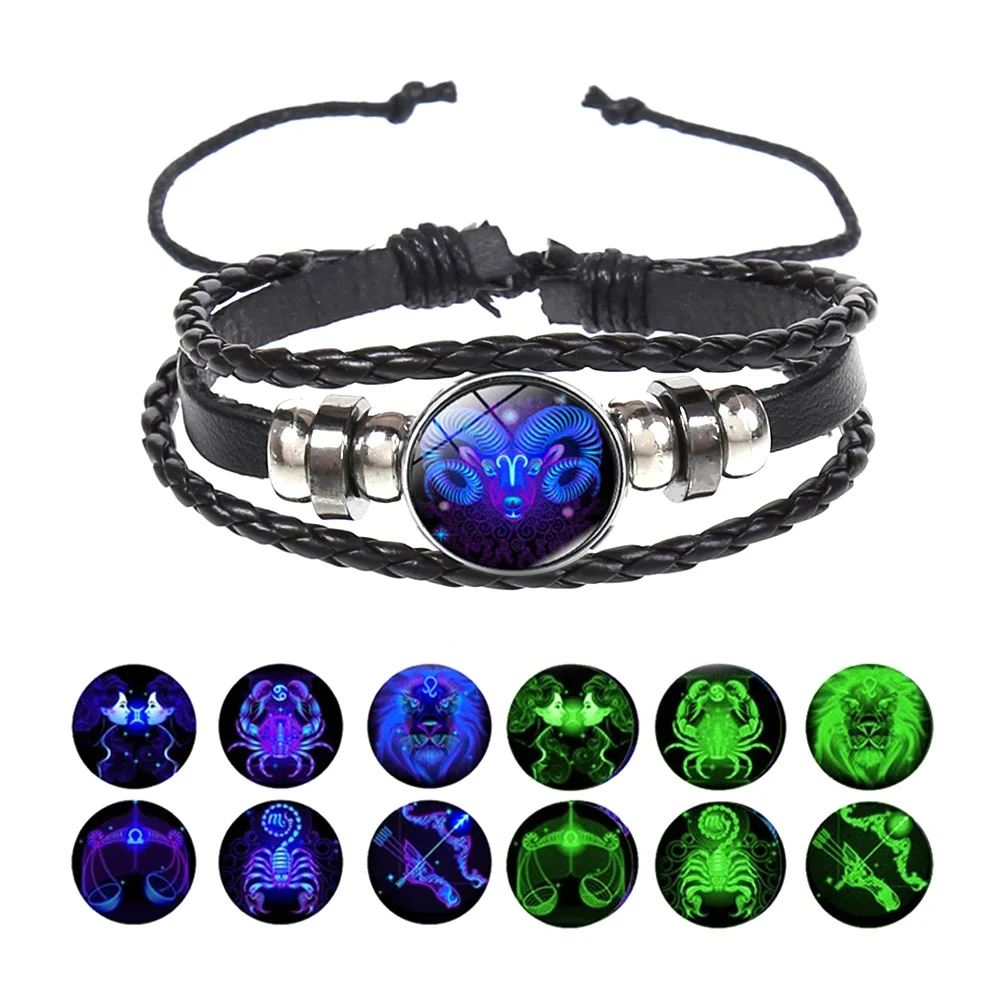 12 Constellation Braided Leather Bracelet Punk Style Zodiac Sign Multilayer Weave Wrap Bracelet for Birthday Gifts leather bracelet leather bangle