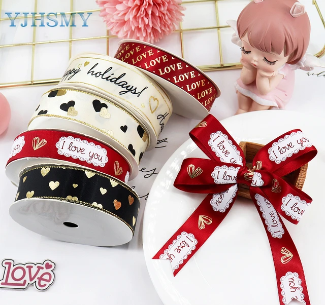 16mm Wedding Ribbon Satin I Love You/Heart Gold Foil Printed For Valentine  Gift Wrapping Wedding Decoration - AliExpress