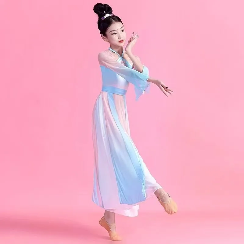 

Girls Chinese Ancient Dancing Unifom Children's Classical Dance Fan Dance Costumes Practice Clothes Performance Costumes LE012