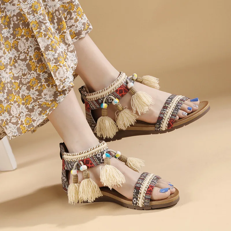 

Women Bohemian Sandals Flats Shoes Thick Sole Sandals Soft Luxury Designer Sexy Beach Shoes SIKETU Sandalias De Fiesta Elegantes