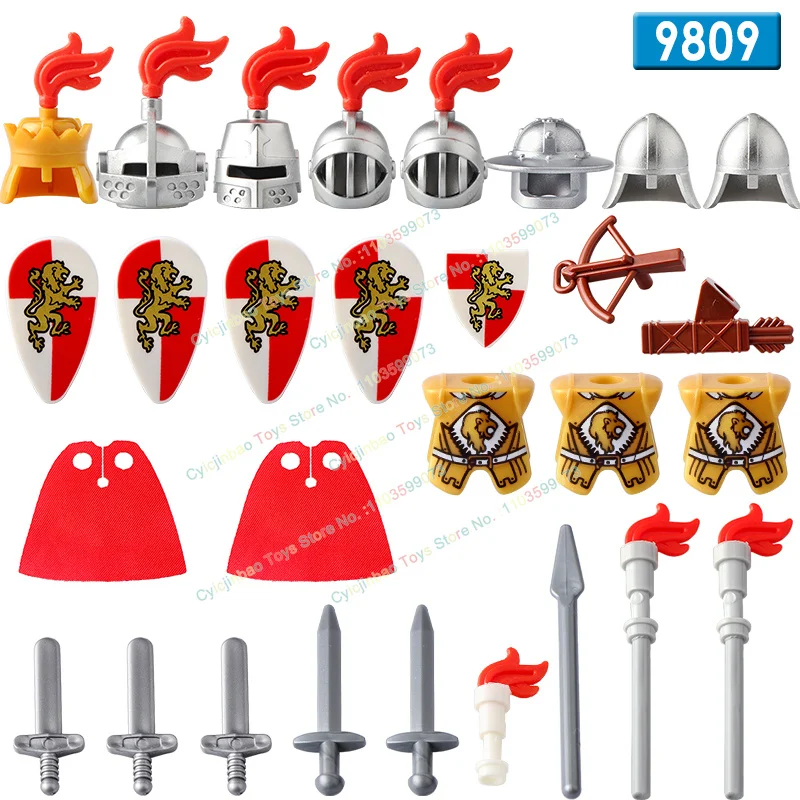 Medieval Knight Red Lion Knight Accessories Shield Spear Armor Building Block bricks Mini Action Figure Chilldren Toy AX9809