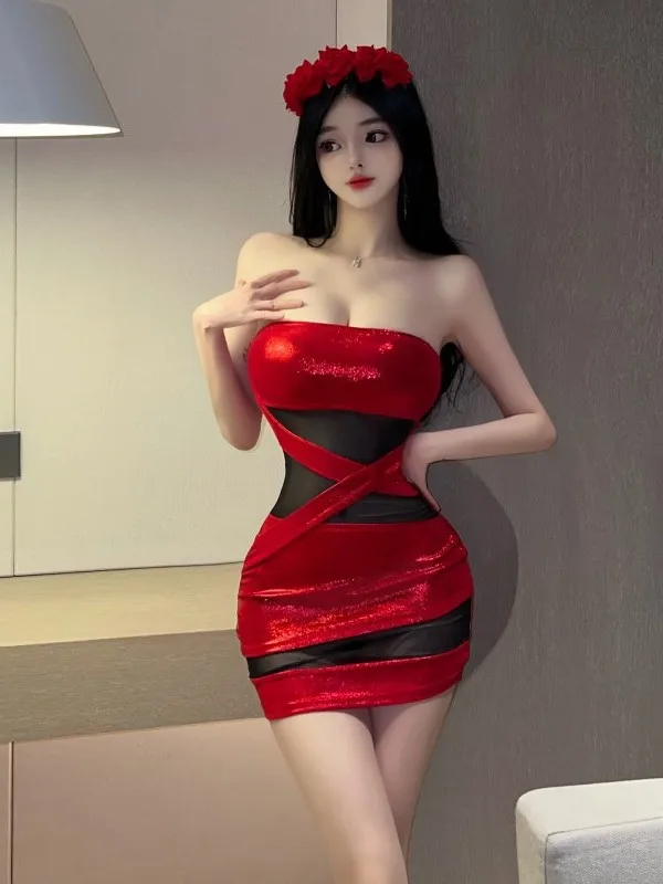 

Robe Off Shoulder Bra Spliced Elastic Red Sexy Spicy Girl Wrapped Chest Short Tight Wrapped Hip Dress Elegant S325