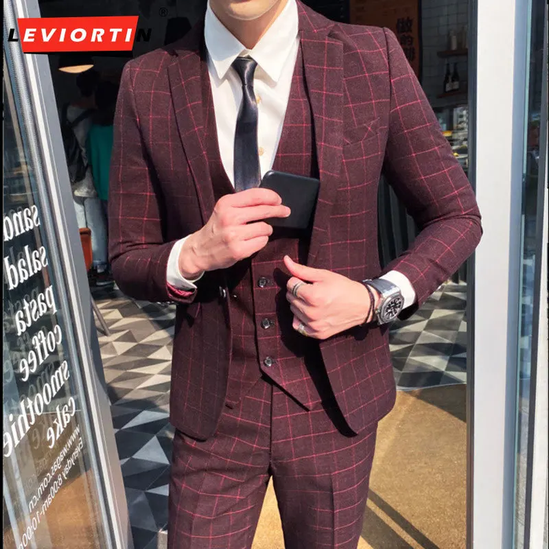 

2023 New Men's checkered three piece suit double breasted slim fitting tuxedo suit jacket business wedding party jacket vest