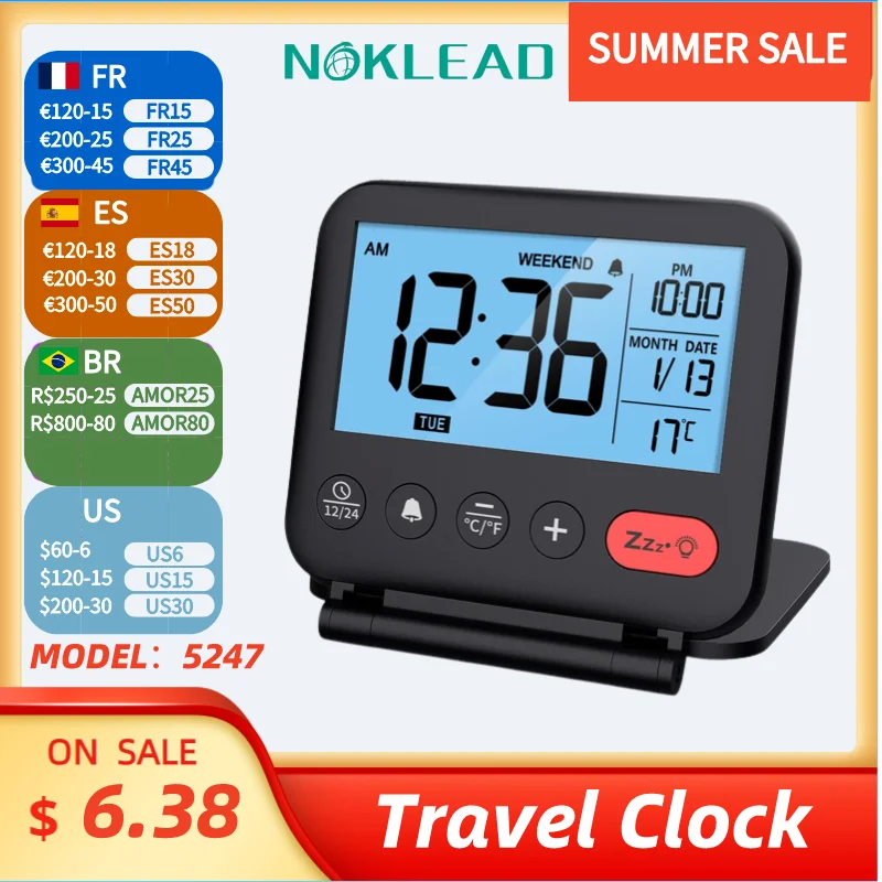 NOKLEAD Digital Travel Alarm Clock LCD Display Clock Backlight Calendar
