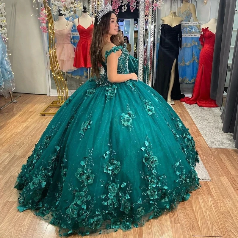 Emerald Green Quinceanera Dresses With Cloak Beading 3D Flowers Mexican Sixteen Princess Prom Gowns