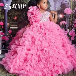 Luxury Pink Organza Pageant Quinceanera Dresses for Little Girls Halter 3D Floral Flowers Lace Flower Girl First Communion Dress