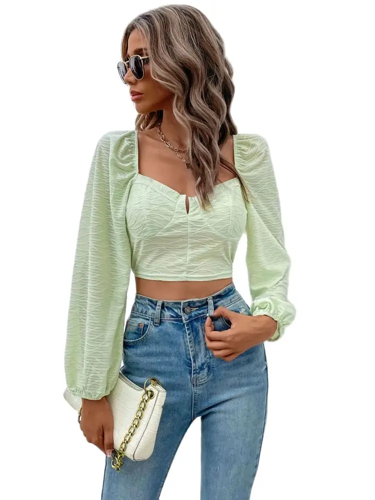 

Xylocarp-Women's French Square Collar Puff Sleeve Shirt, Monochromatic, New Fashion, QLH1066