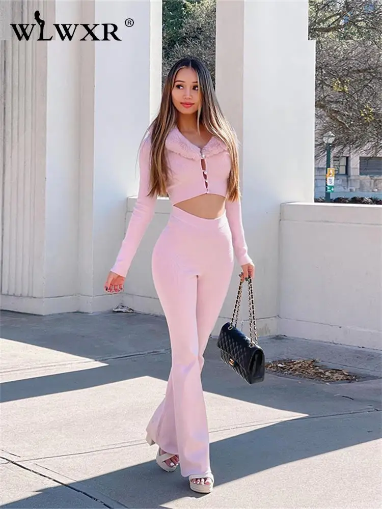 

WLWXR Fall Fashion Two 2 Piece Sets Womens Outifits Faux V Neck Patchwork Long Sleeve Crop Top Pink Flares Pants Matching Sets