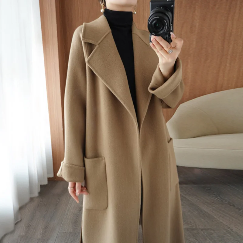 Double-Sided Cashmere Coat for Women, Long Loose Overcoat, Lace-Up Jacket, Female Outwear, 100% Wool, Autumn, Winter, New, 2023