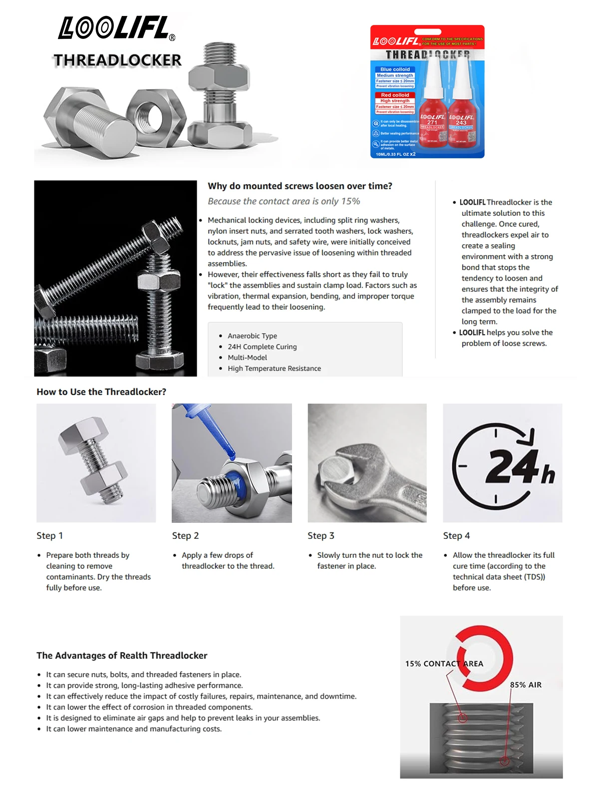 LOOLIFL 10 ml anaerober Kfz-Schraubenkleber, Vorteilspack – 243 mittelgroß + 271, hochfest, rostfrei, korrosionsbeständig, für Autos – Detail 1