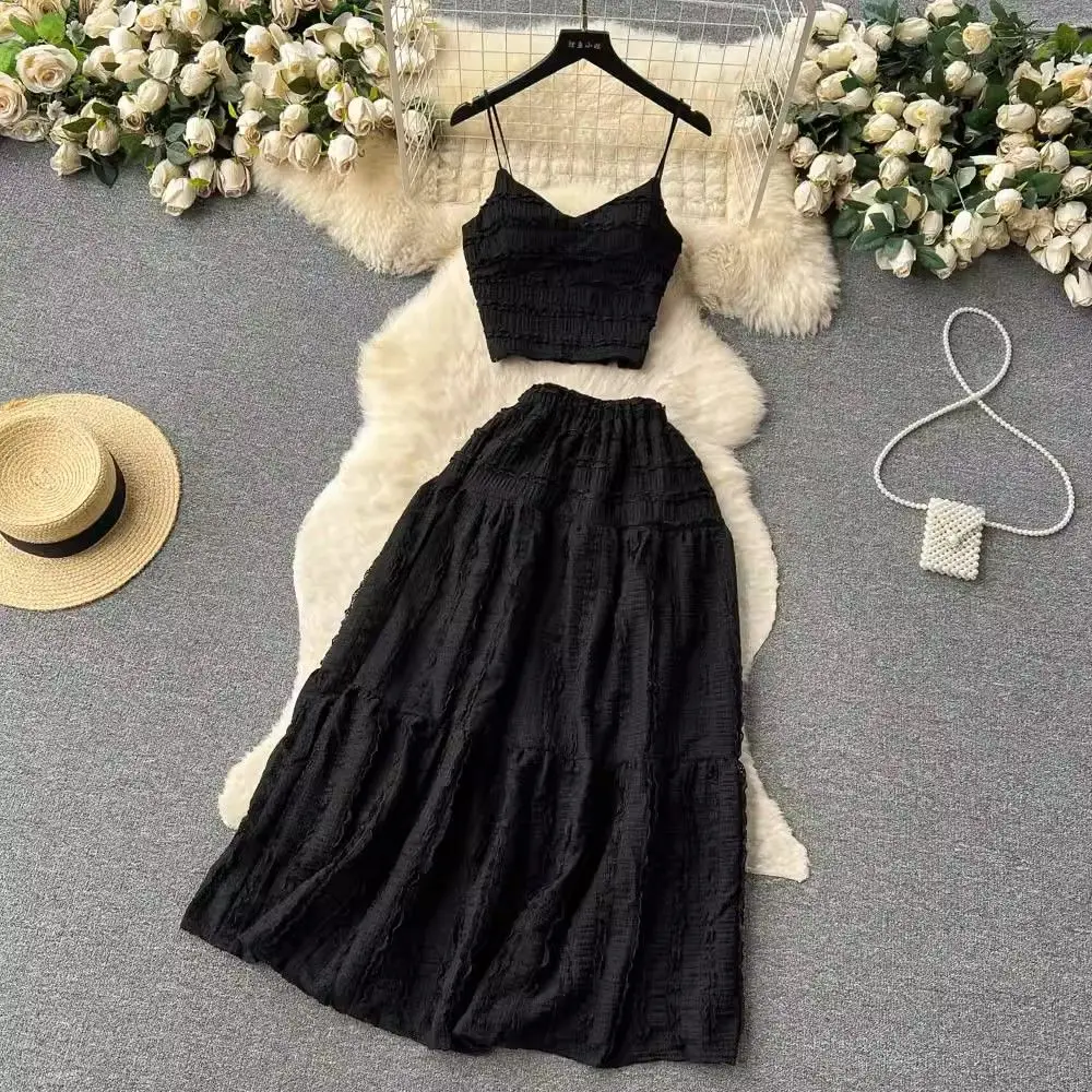 Suits Sexy Camisole+A Line Long Skirt 2024 New Summer Beach Two Pieces Sets Women Fashion Elastic Versatile Suits