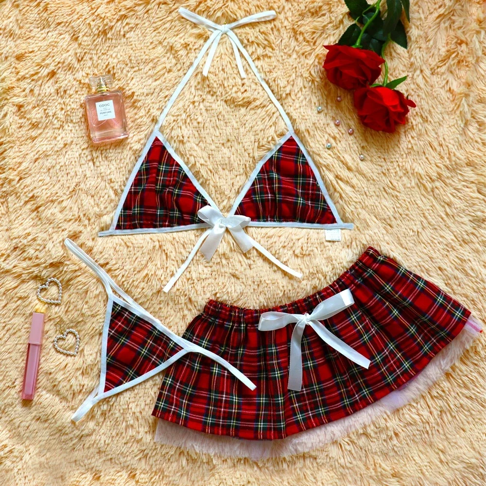 Cosplay Sexy Lingerie Student Uniform Schoolgirls Erotic Costume Red Plaid Miniskirt Suit Bra Thongs Women Micro Bikini