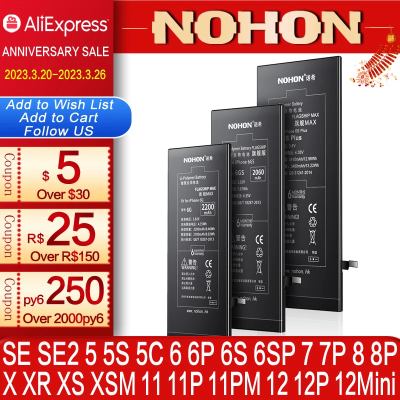 NOHON Battery For Apple iPhone 6S 6 7 8 Plus 11 12 Pro Mini XS MAX X XR ...
