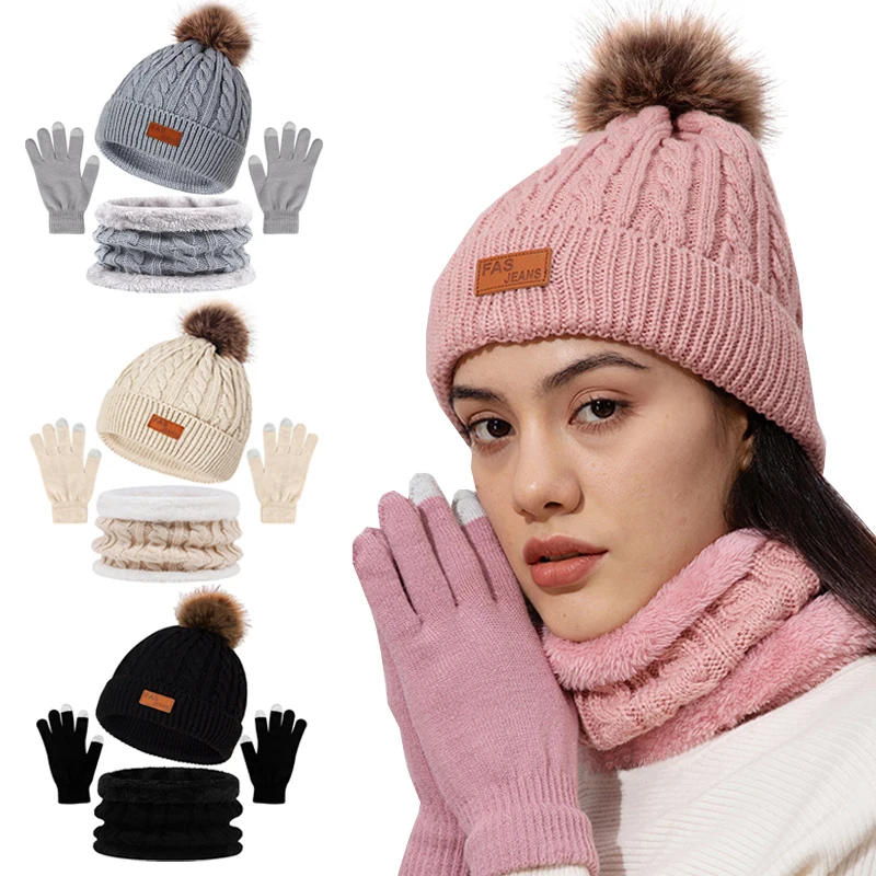 3Pcs/Set Women Winter Hat Scarf Gloves Faux Fur Ball Teenager Girls Knitted Beanie Neck Warmer Suit Warm Ears Woman Cap Set winter accessories winter hat set