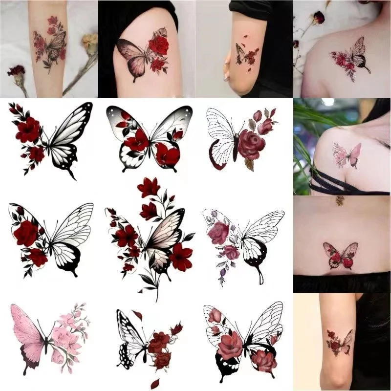 9pc/Lot Butterfly Rose Waterproof Temporary Tattoo Stickers Arm Ankle Female Fake Tattoo Collarbone Flower Art Tatoo Temporales