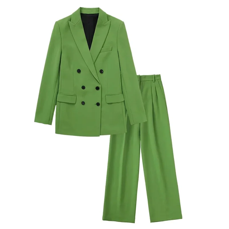 green pant suit TRAF  Women Blazers Set 2022 New Women's Office Suit Coat Vintage Long Sleeve Jacket Casual Female Tops And High Waist Pants plus size pant suits for weddings Suits & Blazers