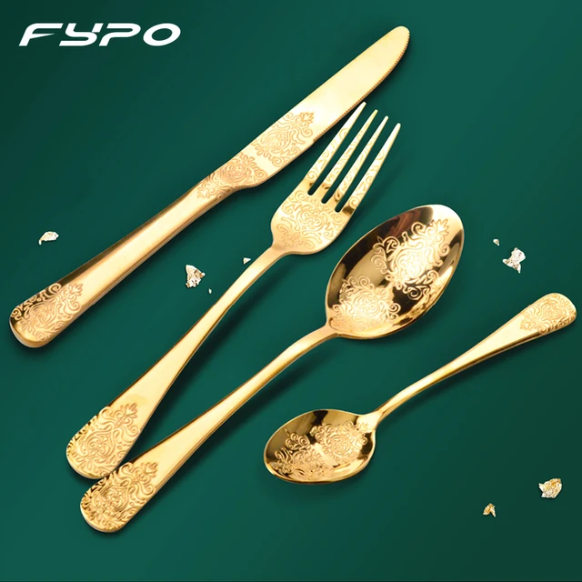 Gold Cutlery Set 89 Pieces Set, Tableware Gold Cutlery Set, Gold Flatware  Set 89 Pieces, Gold Knife and Spoon Set 
