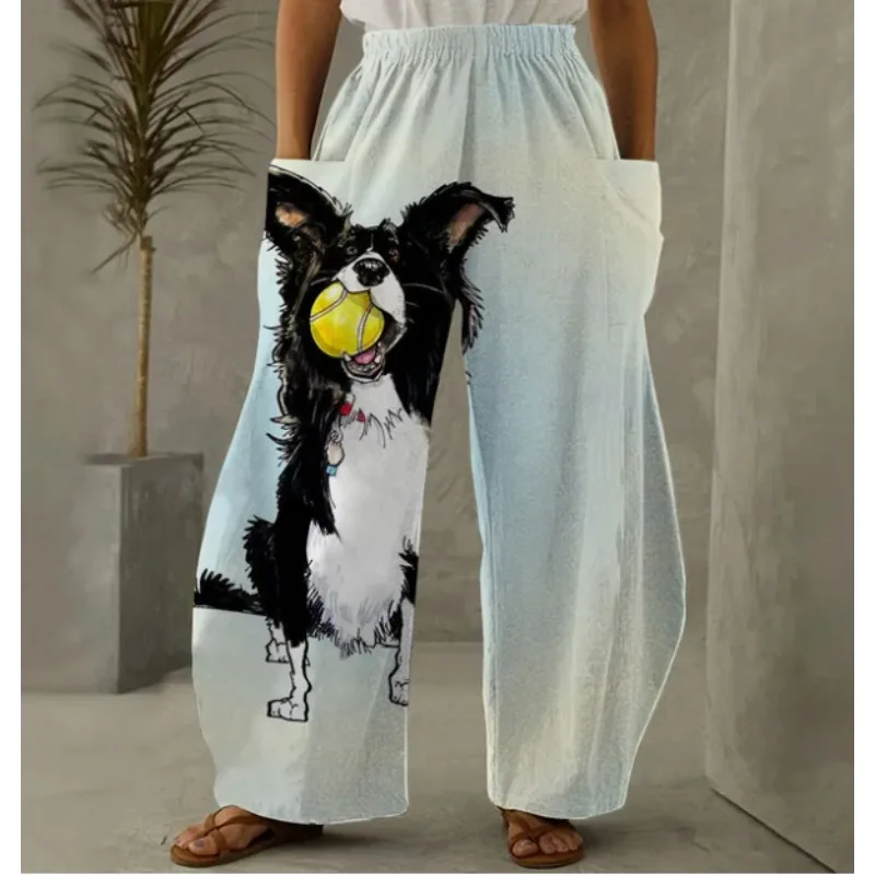 Damen Kawaii Hunde Muster Lässige Hose mit weitem Bein Vintage Farbe Beagle Sommerhose Lustige weiche lockere klassische Hose mit großen Taschen – Detail 4