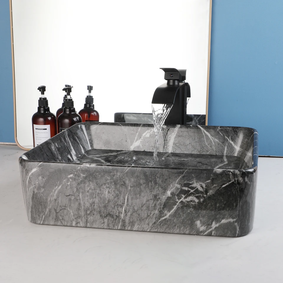 KEMAIDI Premium Black Marble Bathroom Vessel Sink Set
