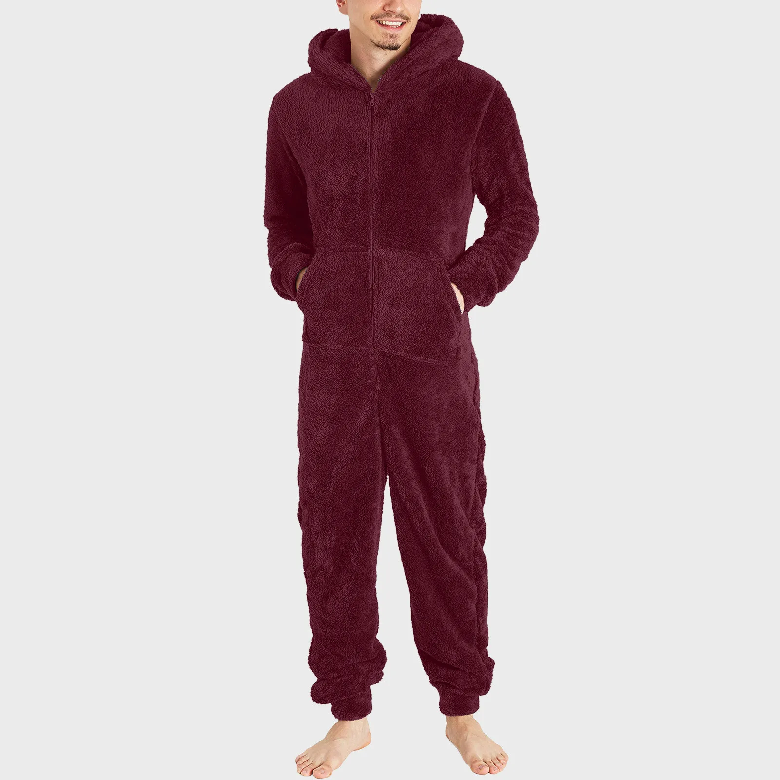 Mens Fluffy Jumpsuit Pajama Autumn Winter Fleece Thermal Solid Color Hooded Onesies Loose Zipper Soft Sleepwear Overalls Male
