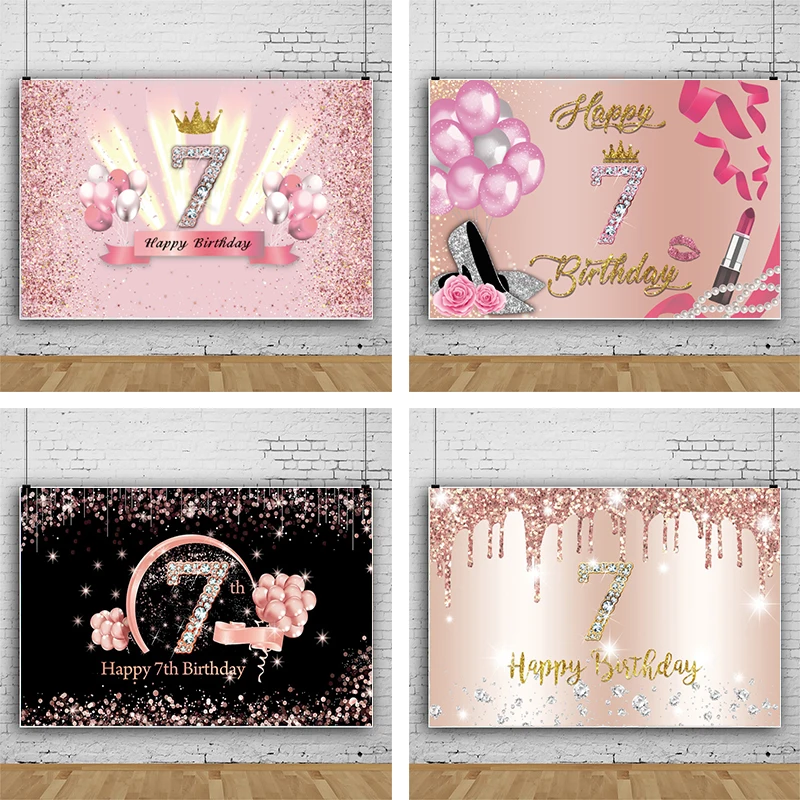 

Happy 7th Birthday Background for Boys Girls 7 Years Party Rose Pink Glitter Balloon Photo Decorations Photography Backdrop Prop