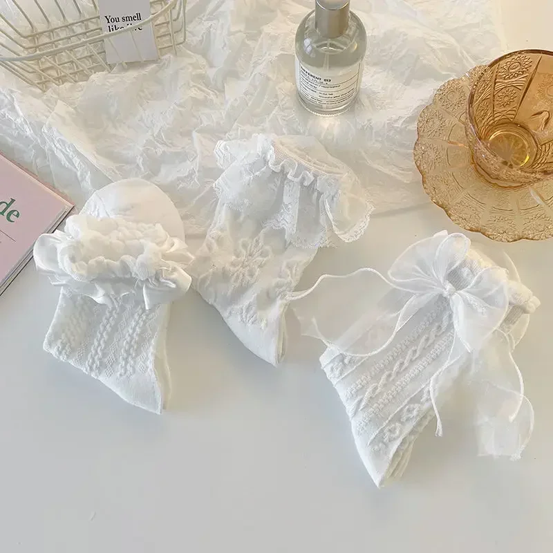 Solid Lace Bow Ruffle Socks Kawaii Lolita Short Socks - Image 3
