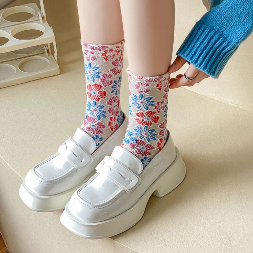5 Pair Korean Style Women Socks Print Flower Kawaii Socks Female Autumn Winter Long Sokken Cotton Comfortable Fashion Foot Sets