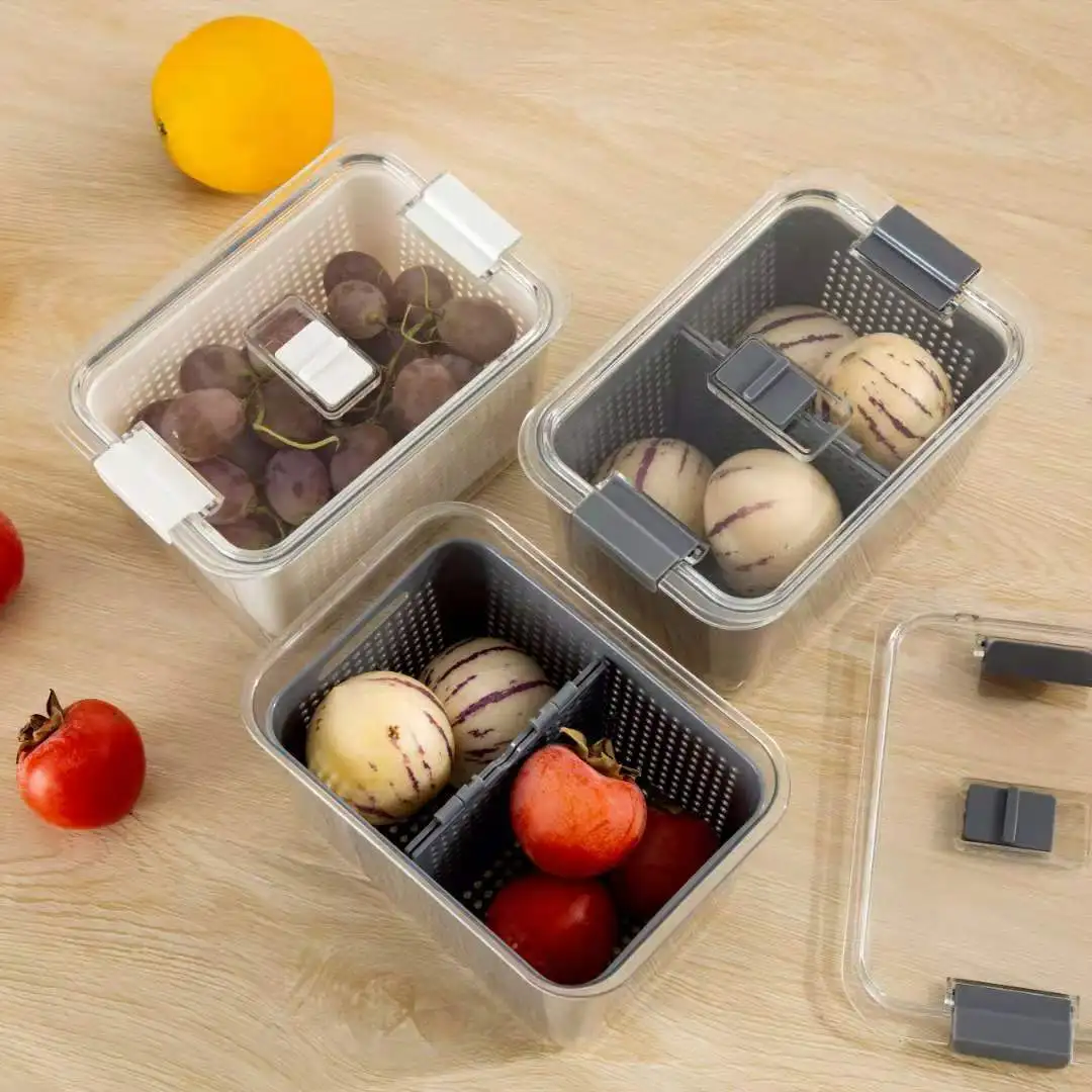 Refrigerator Preservation Kitchen Storage Box Drain Basket Storage Containers Sealed Box Vegetable and Fruit Food Grade Drain
