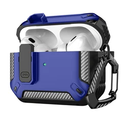 Portable Shockproof Carbon Fiber Airpod Case with Carabiner Clip and Security Lock for Airpods Pro (Blue)