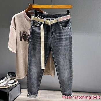 2025 Autumn Men's Stretch Jeans Fashion Tapered Slim Small Feet Ankle Harem Pants Casual Denim Trousers Streetwear Free Belt 1