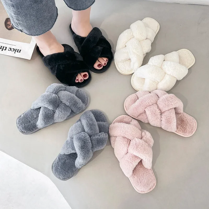 2022 NEW Design Women Winter House Furry Slippers Women Cross