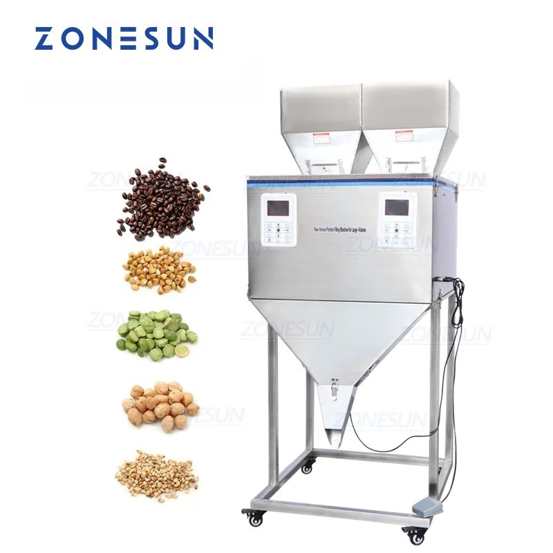 ZONESUN Semi Automatic Double Heads Powder Grain Wolfberry Tea Bag Vibration Weighing Filling Machine